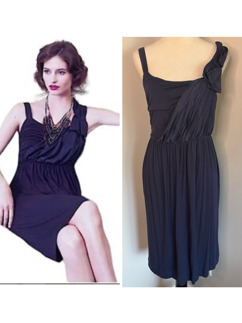 Deletta Anthropologie Navy Blue Silk Ruche Bow One Shoulder Chic Y2K Small